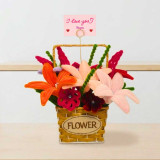 colourful Lily & Mini Fuzzy Flowers In I Love You Basket SK-3278