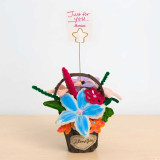 Colorful Handmade Fuzzy Flower Basket with Personalized Name Card JNK-7484