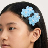 Blue Daisy Fuzzy Flower Hair Clips with Pearl Accent HC-312