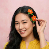 Orange Daisy Fuzzy Flower with Green Leaf Hair Clips HC-307