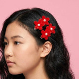 Handmade Fuzzy Flowers Red Hair Clips with Pearl HC-309