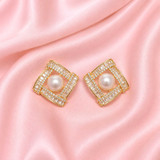 Square Crystal Pearl Stud Earrings JR-455