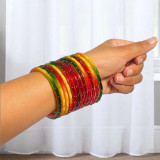 Festive Mix Red, Green & Yellow Bangles with Golden Dots Set of 12