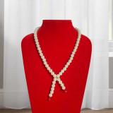 White Pearl Necklace with Red Bead Tassel Accents Pote-173
