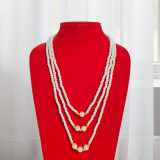 3 Layer White Pearl Moti Mala with Golden Bead Accents