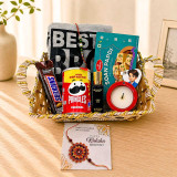 Rakhi Gift with Snacks, T-Shirt, Candle & Personalized Keyring for Brother JNK-7731