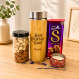 Rakhi Gift Combo with Personalized Bottle, Chocolate, Dry Nuts & Candle JNK-7733