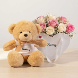 Personalized Teddy with Pink & White Roses in a Acrylic Basket JNK-7787