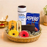 Rakhi Gift Combo for Brother with Personalized Bottle, Wallet, Pepero & Flowers