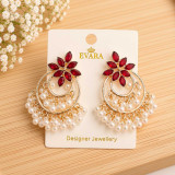 Red Stone with Pearl Drop Earrings JR-553