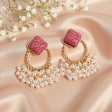 Pink Marble Stone and Pearl Drop Earrings JR-550
