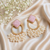 Pink Marble Stone & Pearl Drop Stud Earrings JR-551
