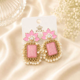 Pink Lotus & Marble Stone Pearl Drop Earrings JR-536