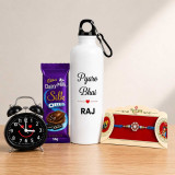 Personalized Bottle, Clock, Chocolate & Rakhi Gift Set DKG-1694