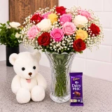 Colorful Roses & Teddy With Chocolate Gift Set DKG-1754