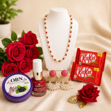 Red Roses, Chocolate, Earing, Nail polish & Pearl Necklace Hamper DKG-1797