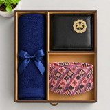Dhaka Topi, Towel, Brooch, Gift Hamper With Wooden 3 Partitions Box