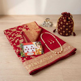 Red Sari, Potli Bag, Bindi , Neckless & Earing Gift Set DKG-1895