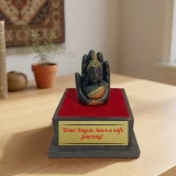 Personalized Farewell Buddha Statue in Palm Idol on Wooden Base