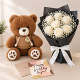 White Roses Bouquet & Teddy Bear Gift Set DKG-2102