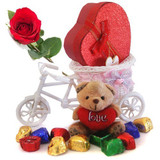 Cute Teddy, Gourmet Chocolates, and Rose in a Rickshaw