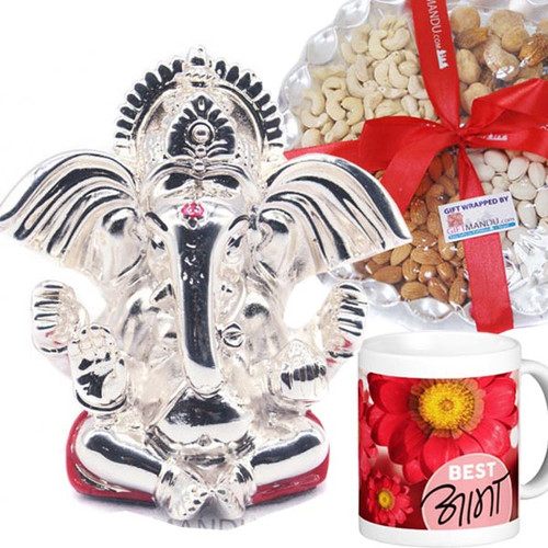 Ganesh ji Silver Idol with Dry Nuts & Best Aama Printed Mug