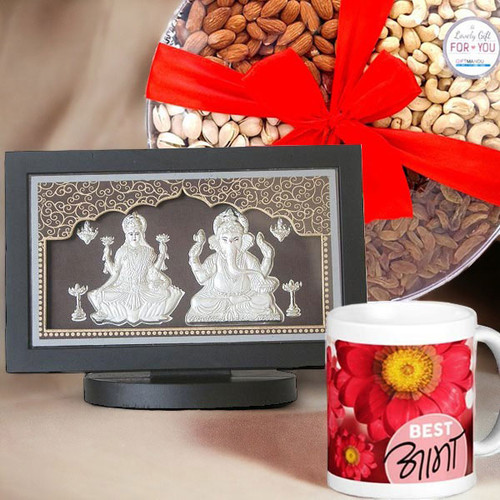 Silver Ganesh & Laxmi ji Frame with Dry Nuts Tray & Best Aama Printed Mug