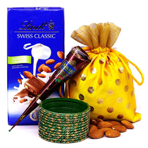 Chocolate Bar, Nuts Pouch, Mehendi With Dozen Bangles