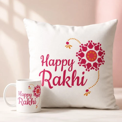 Pink Rakhi Design Cushion & Mug