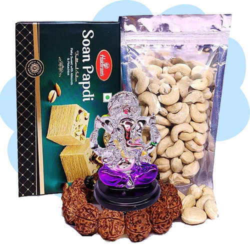 Natural Rudraksha Bracelet, Soan Papdi, Cashews and Ganesh Ji