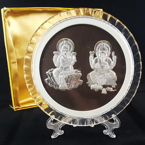 Silver Embossed Ganesh Ji, Laxmi Ji Round Frame (Table Top)