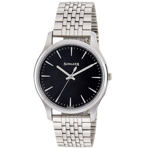 Sonata Essentials Black Dial Watch For Men - 77082SM01