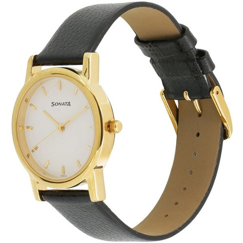 Sonata White Dial Black Leather Watch For Men & Women - 7987YL02