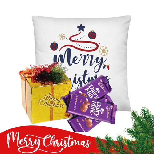 "Merry Christmas" Printed Cushion With Chocolates