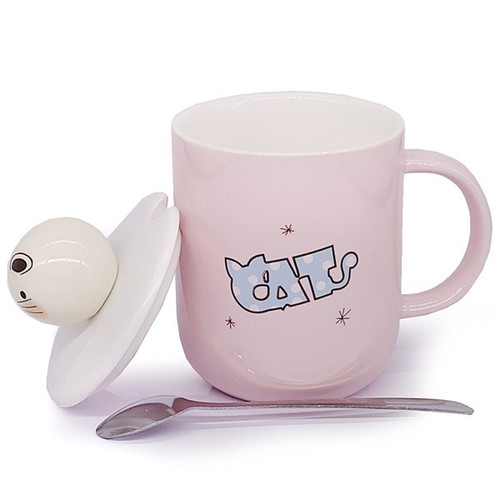 Cat Ceramic Coffee Mug with Lid and Spoon - Pink