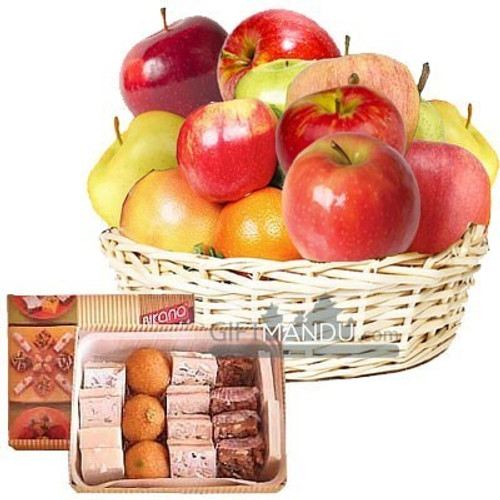 Fruits Round Basket with Assorted Mithai Sweets