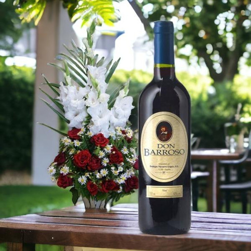 Florist's Fresh Flower Basket and Sweet Red Wine from Spain