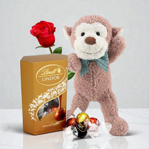 Lindt Assorted Swiss Chocolate With Cute Baby Monkey (Free Rose)