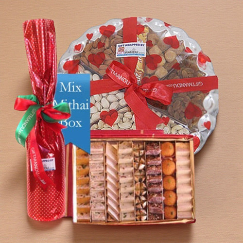 Mithai Box, Dry Nuts Tray and Red Wine