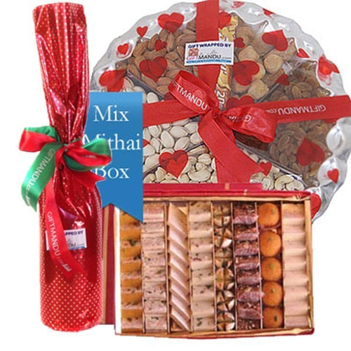 Mithai Box, Dry Nuts Tray and Red Wine