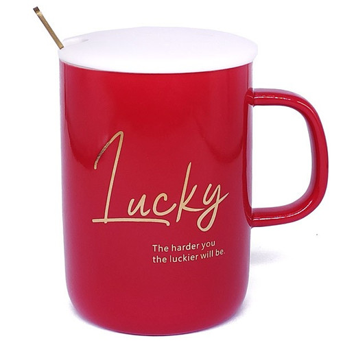 'Lucky' Printed Red Ceramic Mug With Lid & Spoon