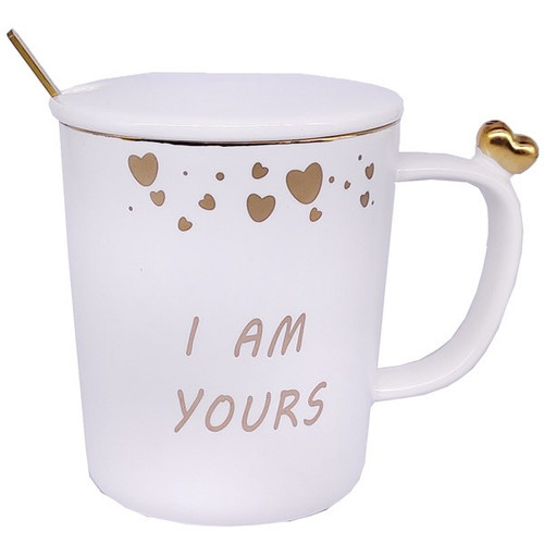 'I am Yours' Printed Ceramic Mug With Lid & Spoon