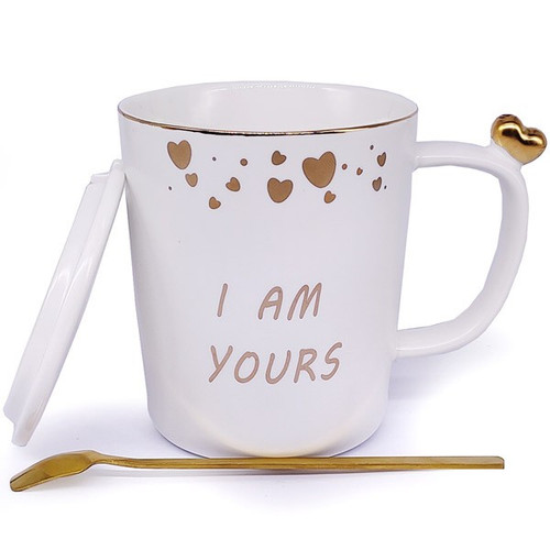 'I am Yours' Printed Ceramic Mug With Lid & Spoon