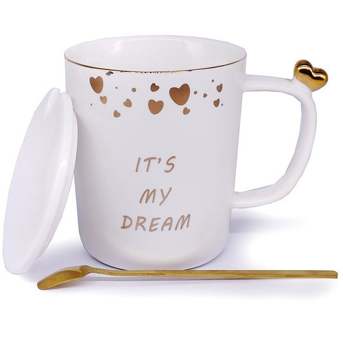 ''It's My Dream'' Printed White Ceramic Mug With Lid & Spoon