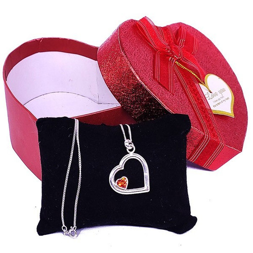 Silver Heart Pendant Red Stone In Heart Box