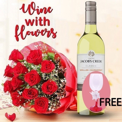 Jacob's Creek White Wine With 12 Red Roses Bunch - Free Wine Glass