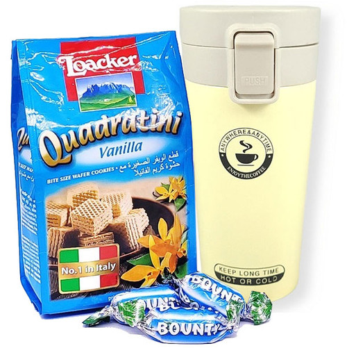 Stainless Steel Vacuum Mug With Loacker Vanilla Wafer & Bounty