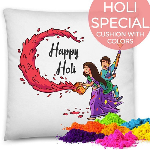 ''Happy Holi'' Printed Cushion Gift With Colors