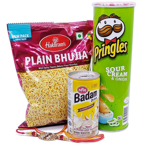 Haldiram's Bhujia With Pringles, C'Light Drink & Rakhi Thread