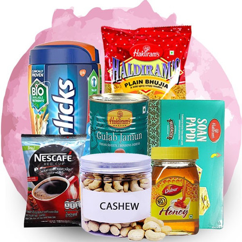Cashew Nuts, Honey, Soan Papdi, Gulab Jamun, Coffee, Horlicks & Bhujia